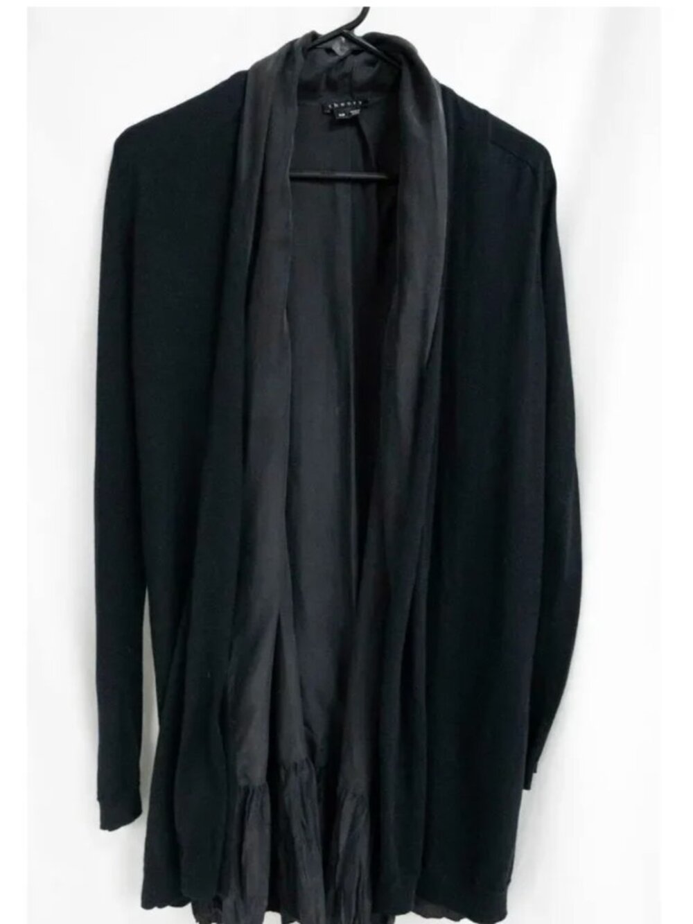 Theory 100% Silk Lined Cotton Black Flowy Open Cardigan Sweater, Small